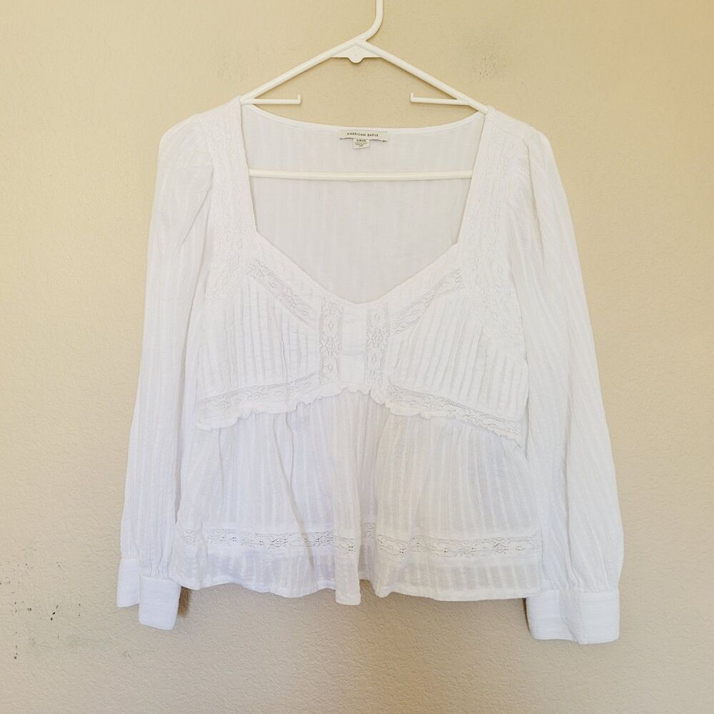 American Eagle White Peasant Babydoll Top Size Small Lace Cottagecore Romantic